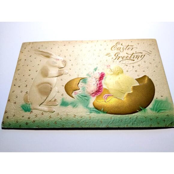 Easter Postcard Thick 3D Raised Image White Rabbit Baby Chick Airbrushed Vintage - Picture 2 of 3